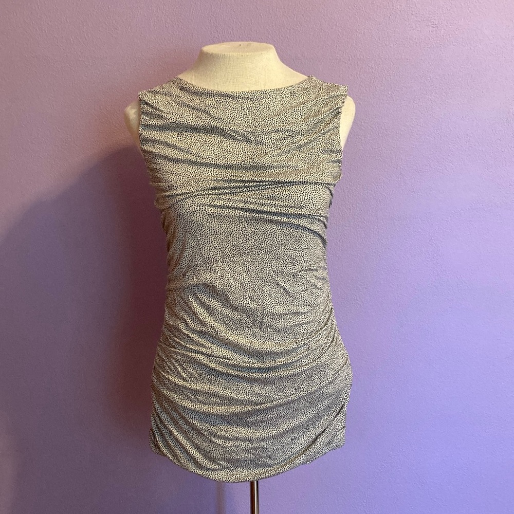 Ann Taylor Ruched Sleeveless Black & White Speckled Top Boat Neck Size Small